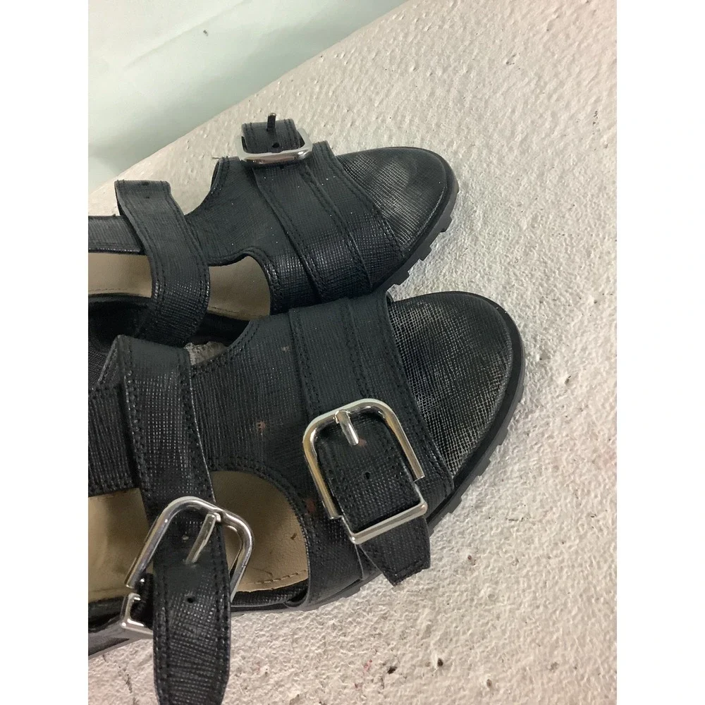 Via Spiga Black Strappy Buckle Wedge Sandals Lug Sole Gladiator Heels Size 6.5